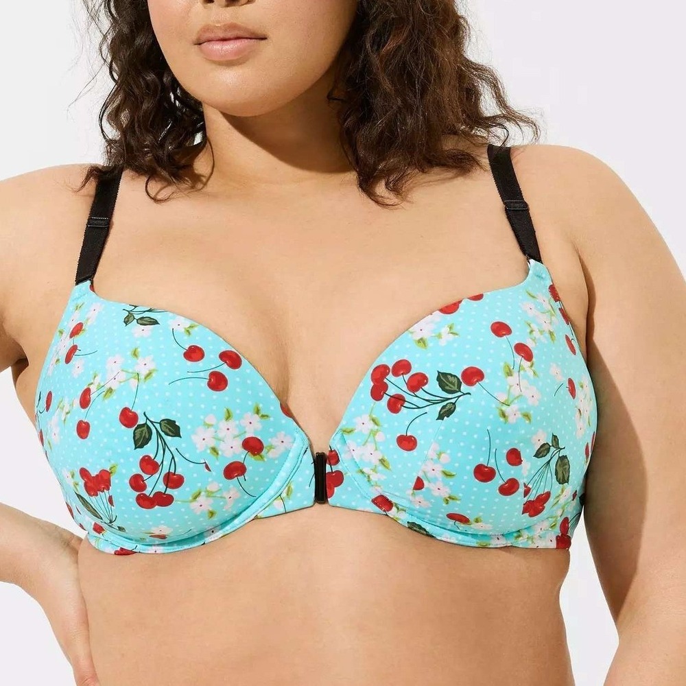 Torrid Cherry Floral Polka‎ Dot Blue Perfect T-Shirt Front Close Bra 38DD